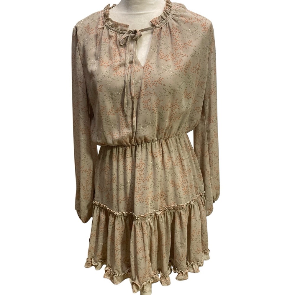 Roolee Dress Womens M Beige Green Floral Balloon Sleeve Ruffle Lined Tiered